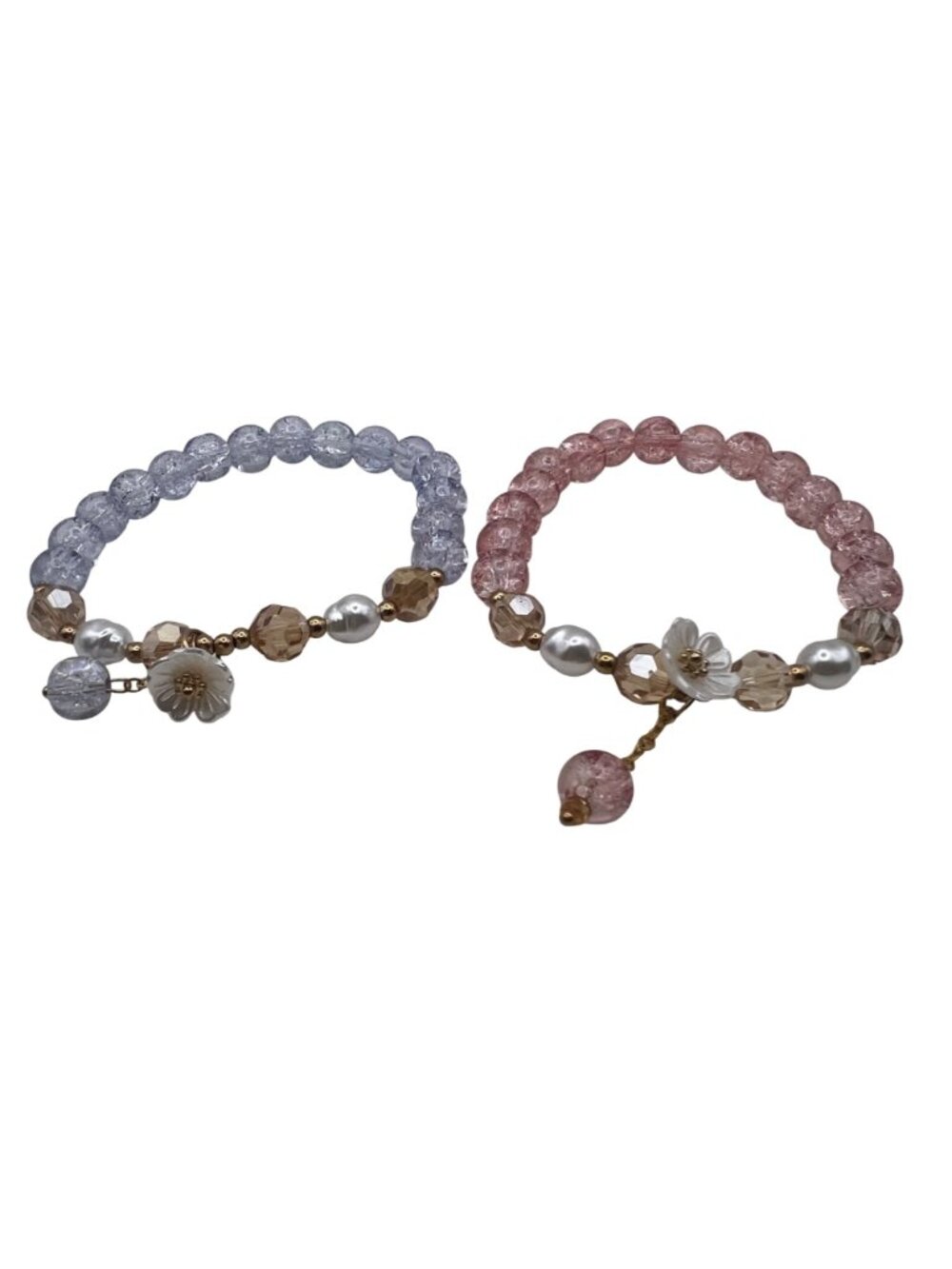 Pastel Stretch Bracelet Lot 2 Pink Blue Crackle Glass Pearl Flower Cottagecore - Picture 8 of 10